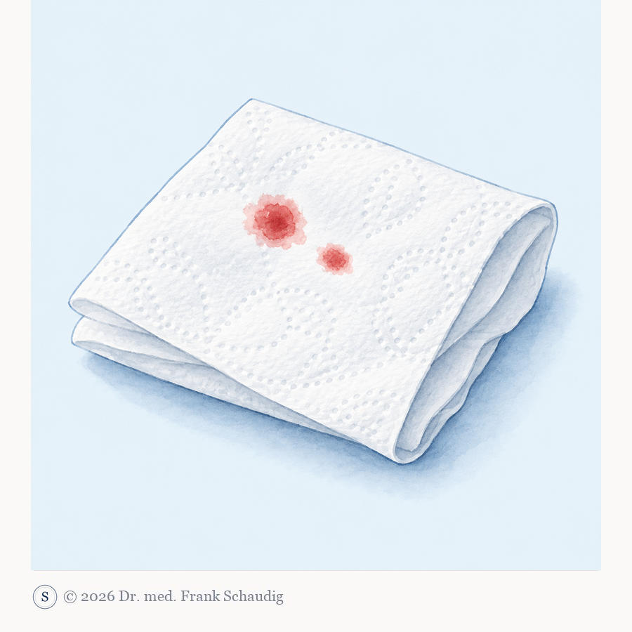 Toilettenpapier mit zwei kleinen Blutspuren