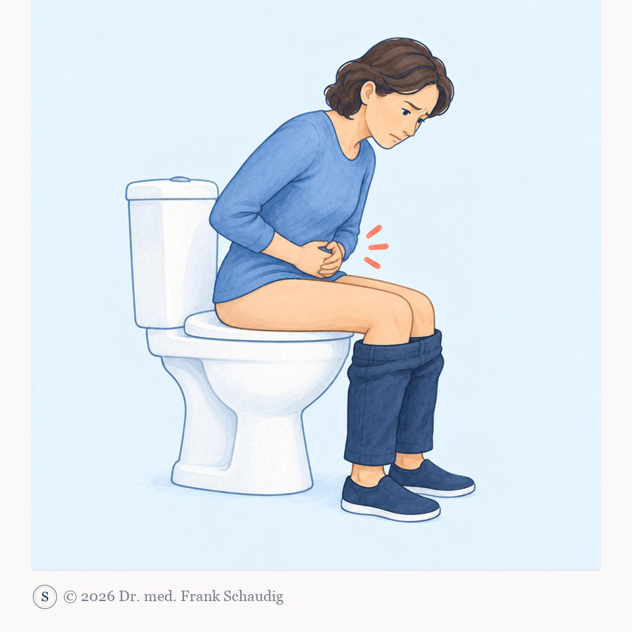 Frau auf der Toilette, die sich an den Bauch fasst