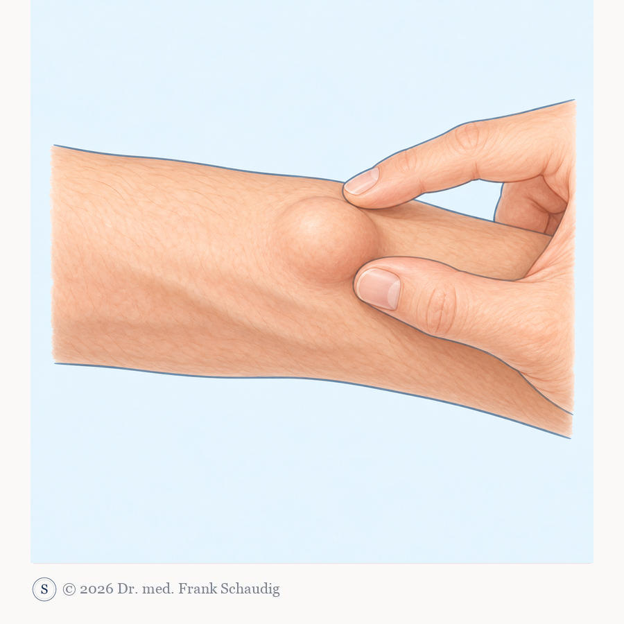 Zwei Finger tasten eine Beule unter der Haut am Unterarm